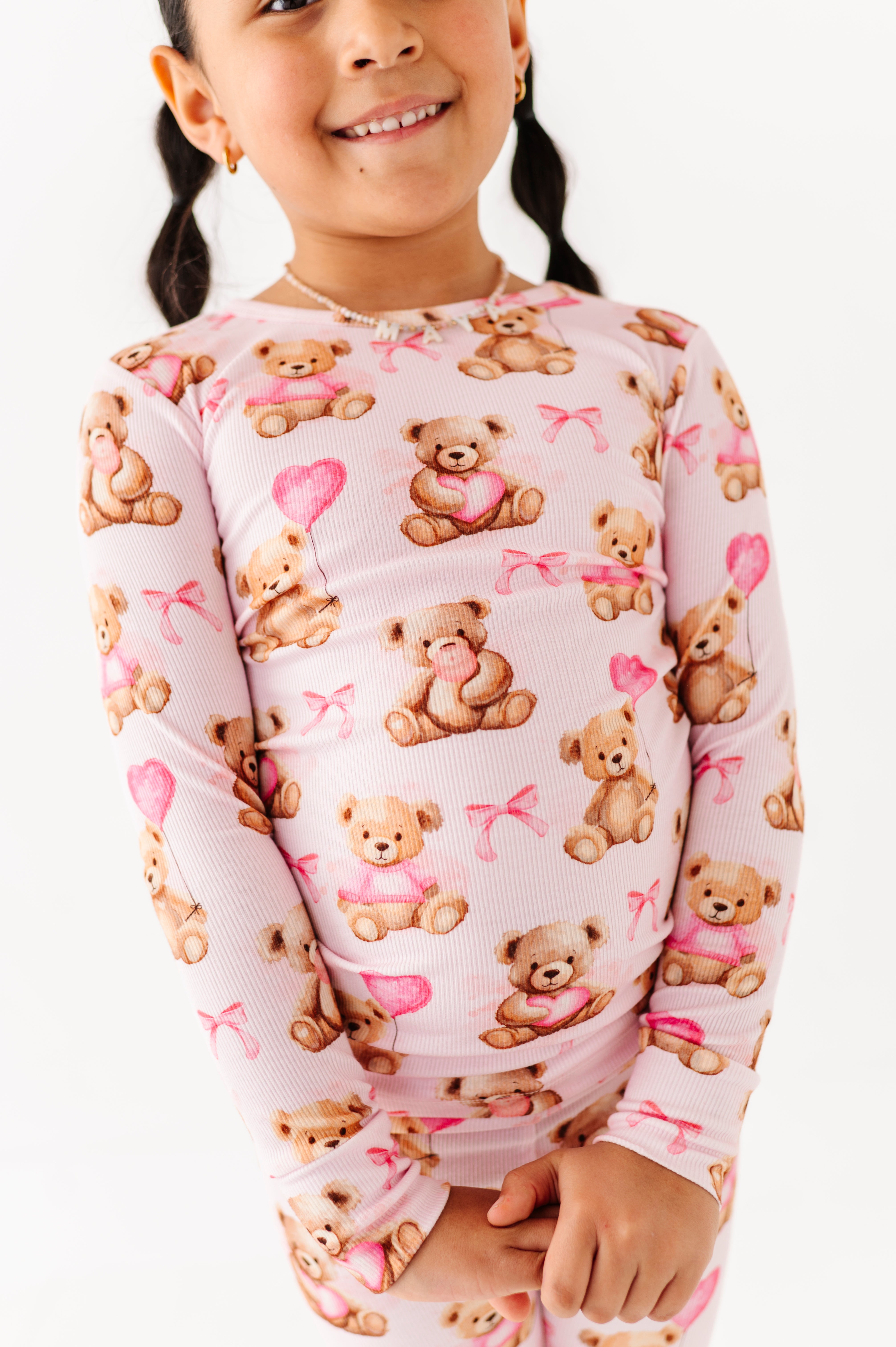 Close-up of Pink Beary Sweet ribbed bamboo pajama top with teddy bear Valentine design